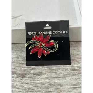 Red Green Crystal Rhinestone Poinsettia Flower Brooch for Christmas